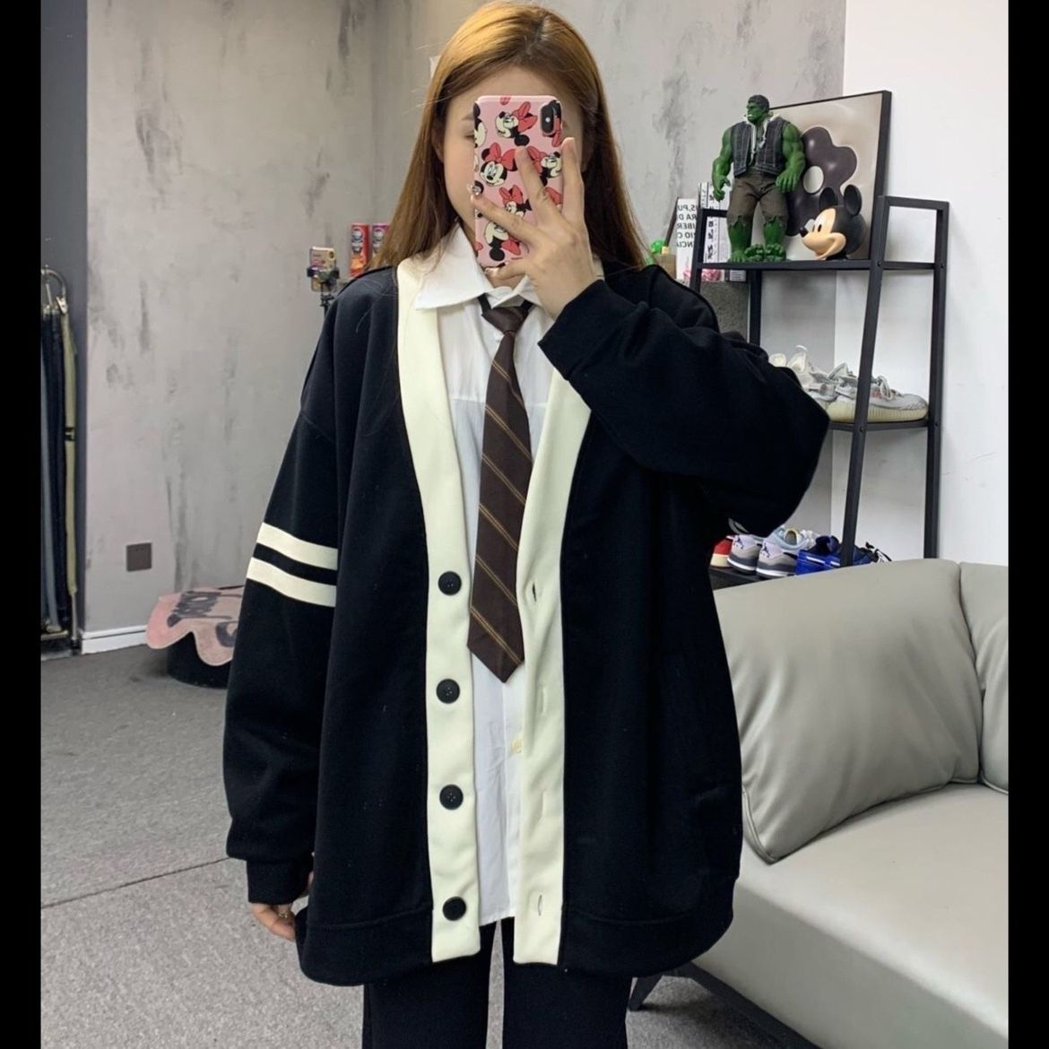 2023 early spring new cardigan net red same style V-neck college style single-breasted couple student casual jacket female trend