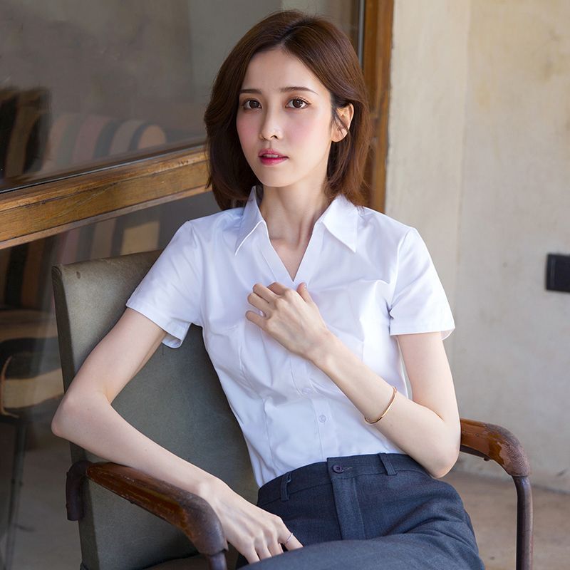 黑色衬衫v领女士夏季短袖韩版正装薄款透气白衬衣上班工作服白领