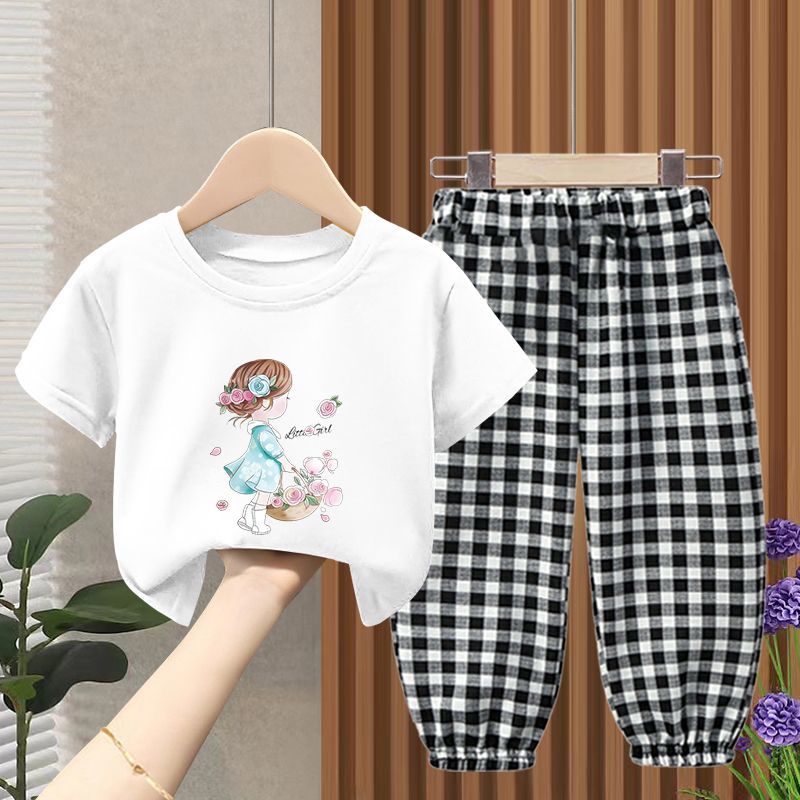 女童夏季短袖套装男童韩版T恤格子裤儿童衣服中小童时尚潮流童装