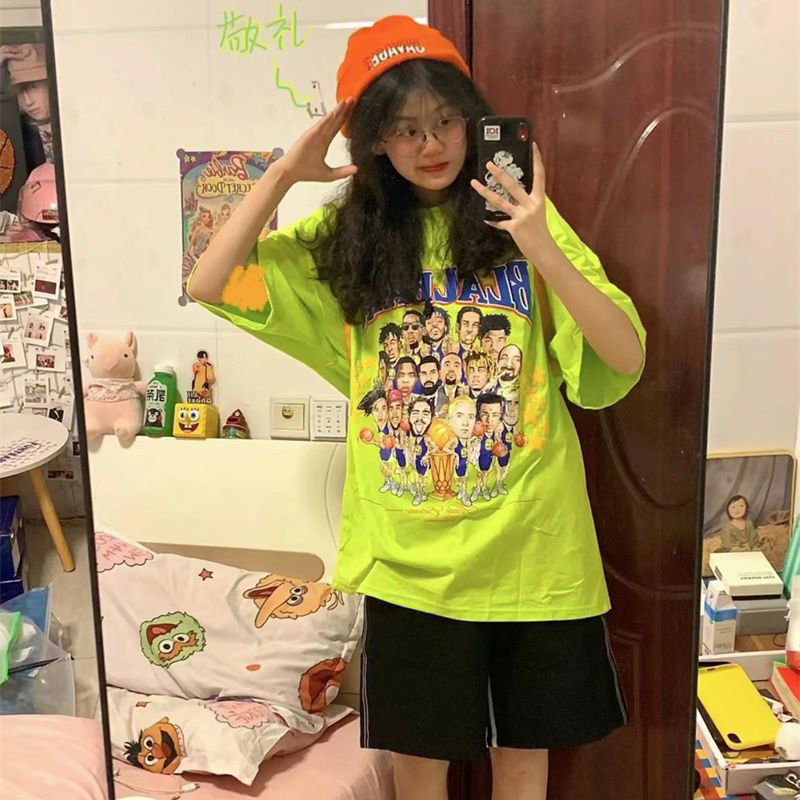 [100% cotton] American retro high street all-star fluorescent green round neck loose short-sleeved t-shirt student tide
