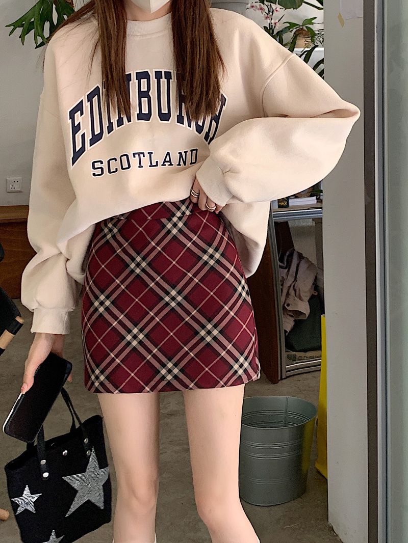 Plus size college style red plaid skirt high waist hip a line skirt autumn and winter fat mm retro all-match hot girl skirt