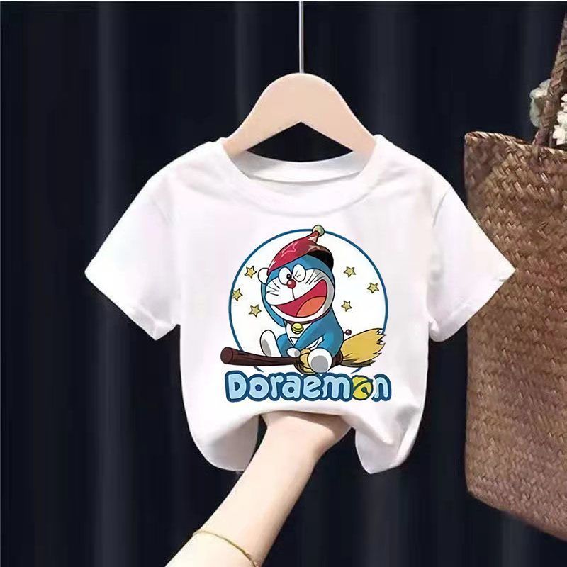 2023 new cotton short-sleeved T-shirt girls and boys summer clothes big children foreign style cartoon Doraemon clothes children
