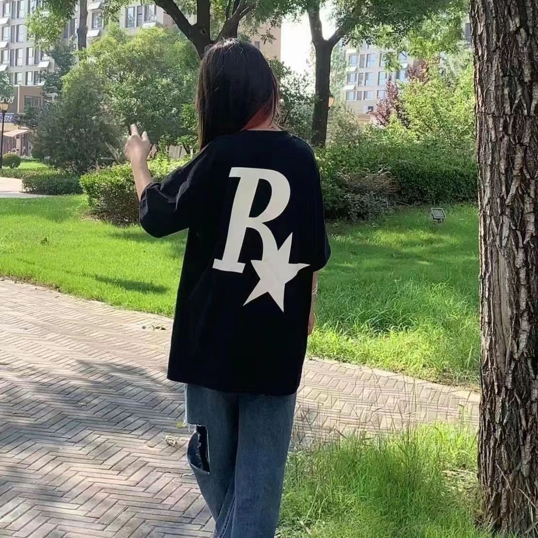 100%不起球男女童美式高街R星短袖潮牌夏季復古寬鬆潮流印花上衣