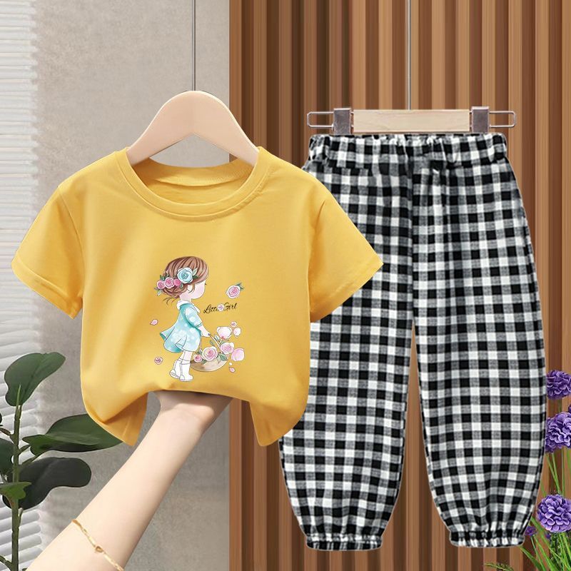 女童夏季短袖套装男童韩版T恤格子裤儿童衣服中小童时尚潮流童装