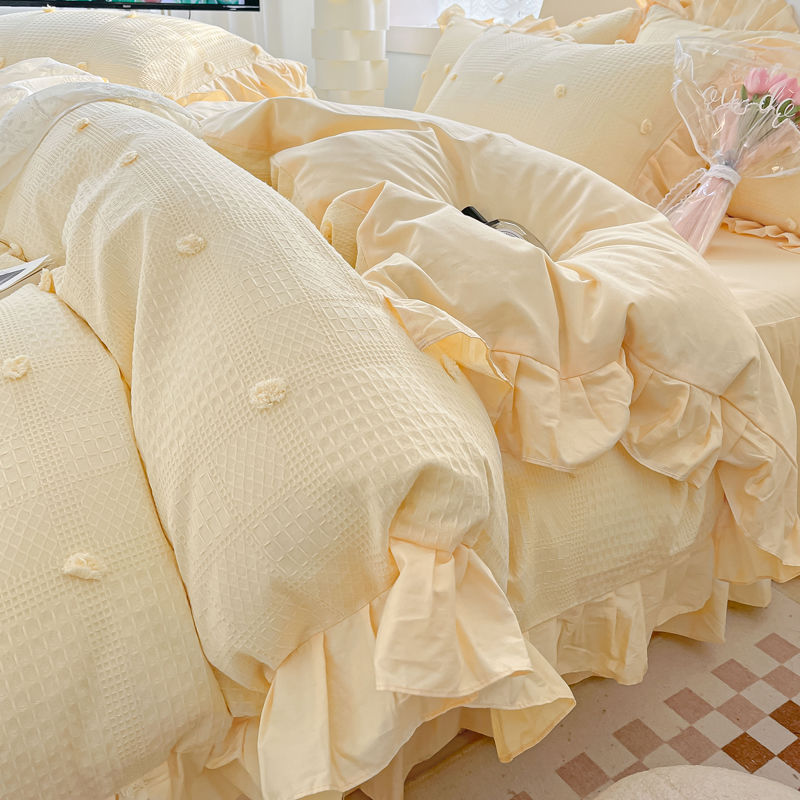 公主风纯棉床上四件套夏季100全棉床品华夫格被套床单三件套床裙4