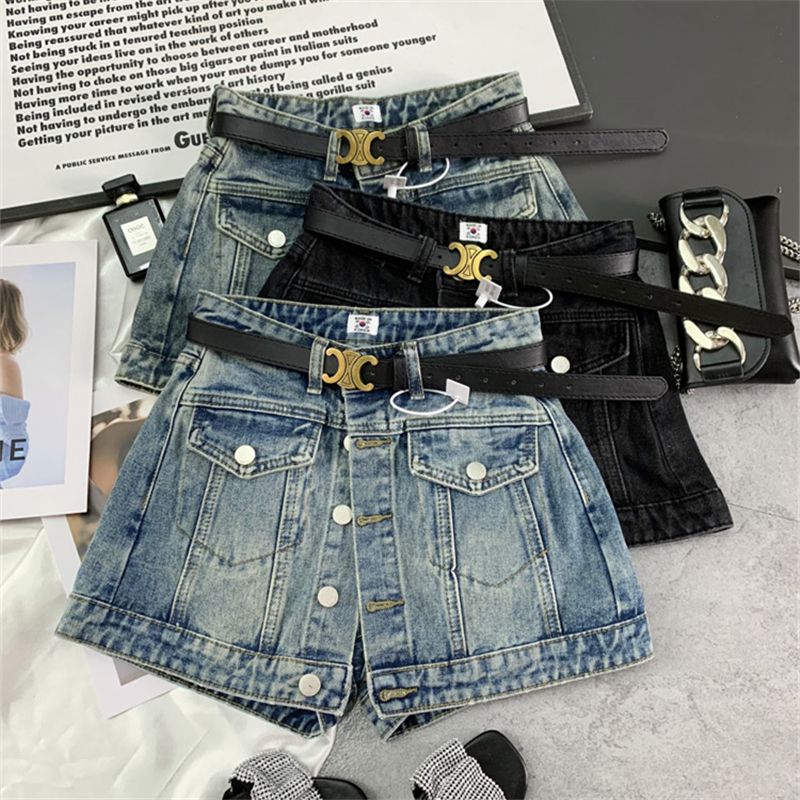 Retro grinding white-breasted denim culottes 2023 spring and summer new style thin and all-match anti-slip high-waist a-line skirt