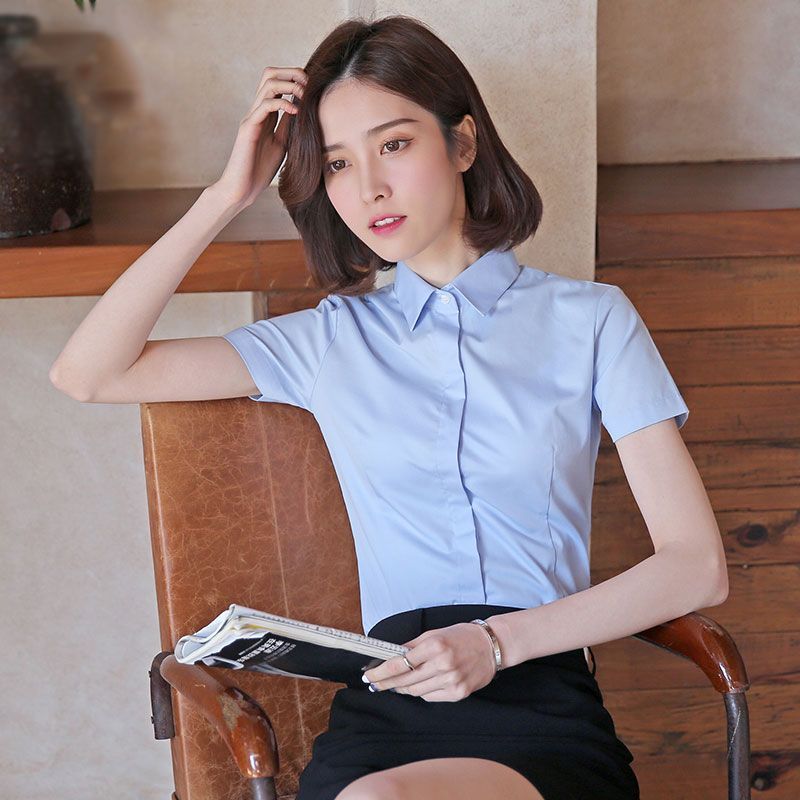 黑色衬衫v领女士夏季短袖韩版正装薄款透气白衬衣上班工作服白领