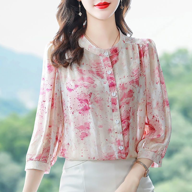 2023夏季新款碎花雪紡襯衣女七分袖寬鬆顯瘦襯衫遮肚上衣洋氣小衫