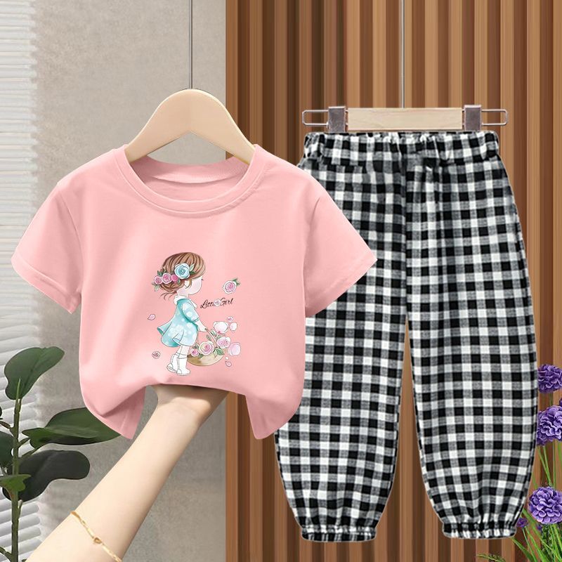 女童夏季短袖套裝男童韓版T恤格子褲兒童衣服中小童時尚潮流童裝