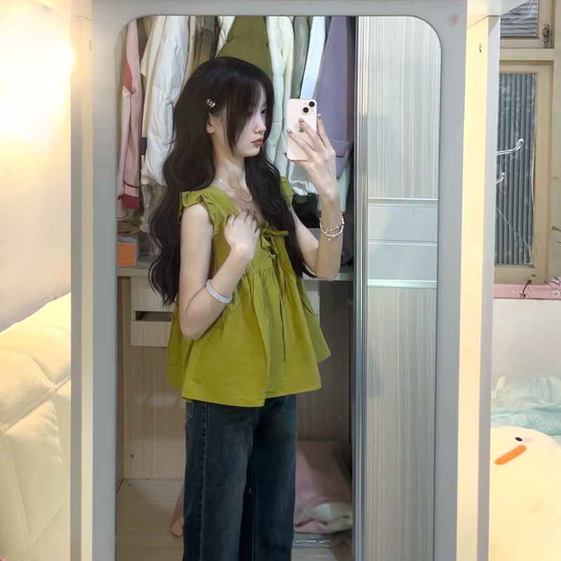 Pure desire green outer wear small camisole women's summer design niche short style petite chic sleeveless top