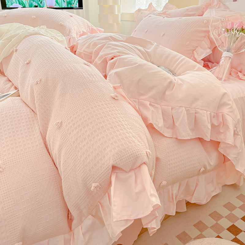 公主风纯棉床上四件套夏季100全棉床品华夫格被套床单三件套床裙4