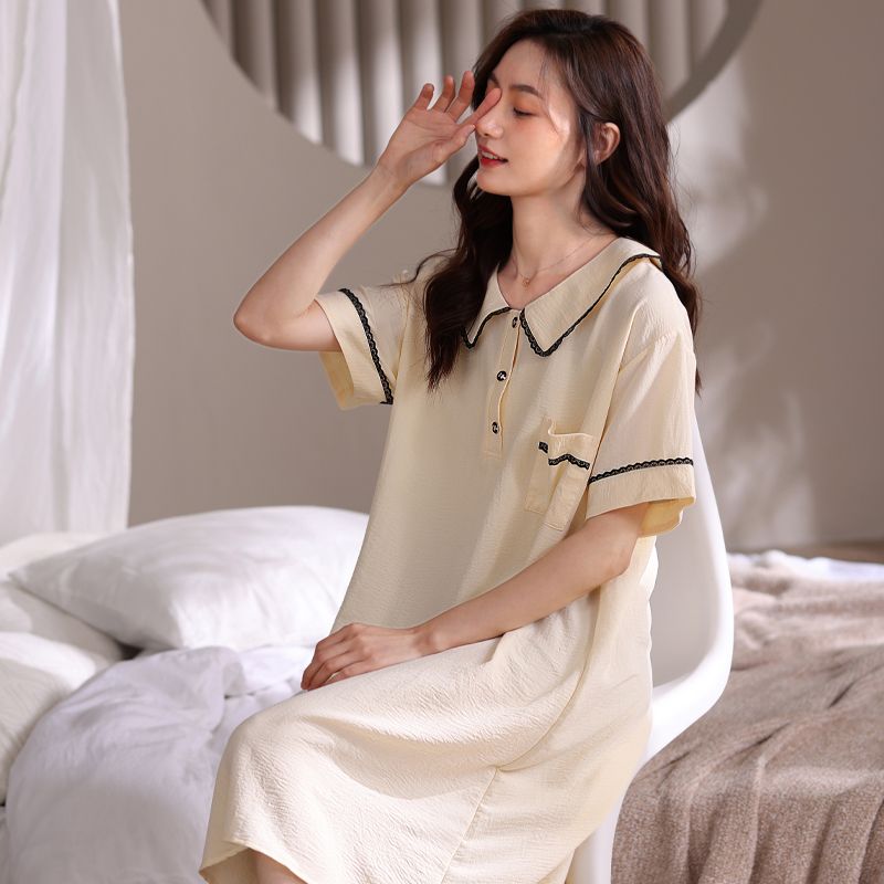 Summer new nightdress female sweet mid-length cotton short-sleeved skirt loose thin dress can be worn outside