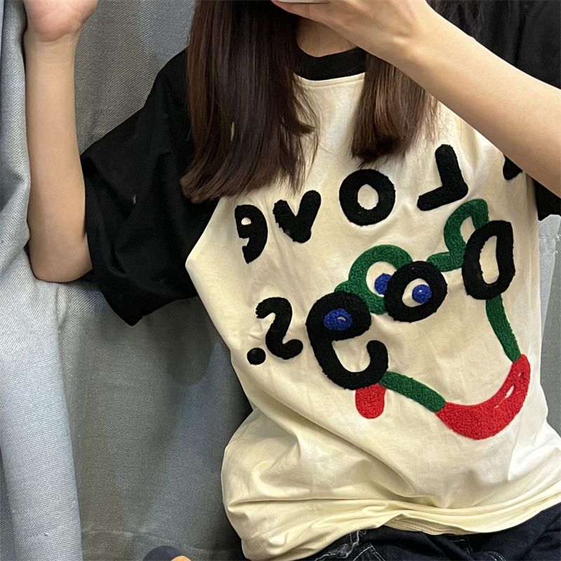 100% cotton [towel embroidery] color contrast stitching short-sleeved T-shirt women's summer mid-length student loose top