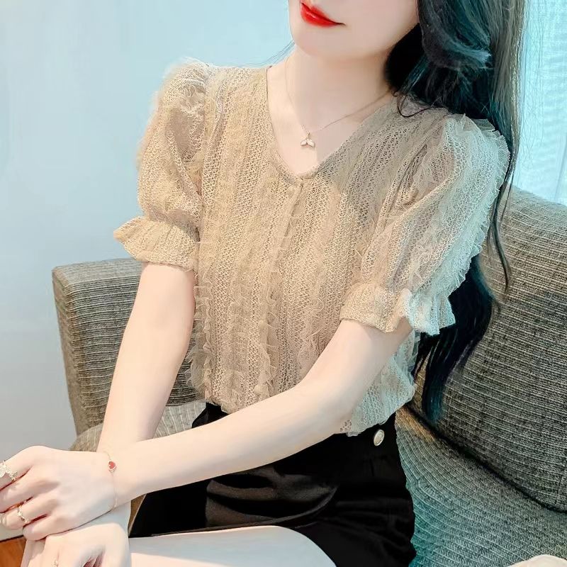 2023夏季新款設計感小眾溫柔甜美別致蕾絲上衣v領泡泡短袖襯衫女