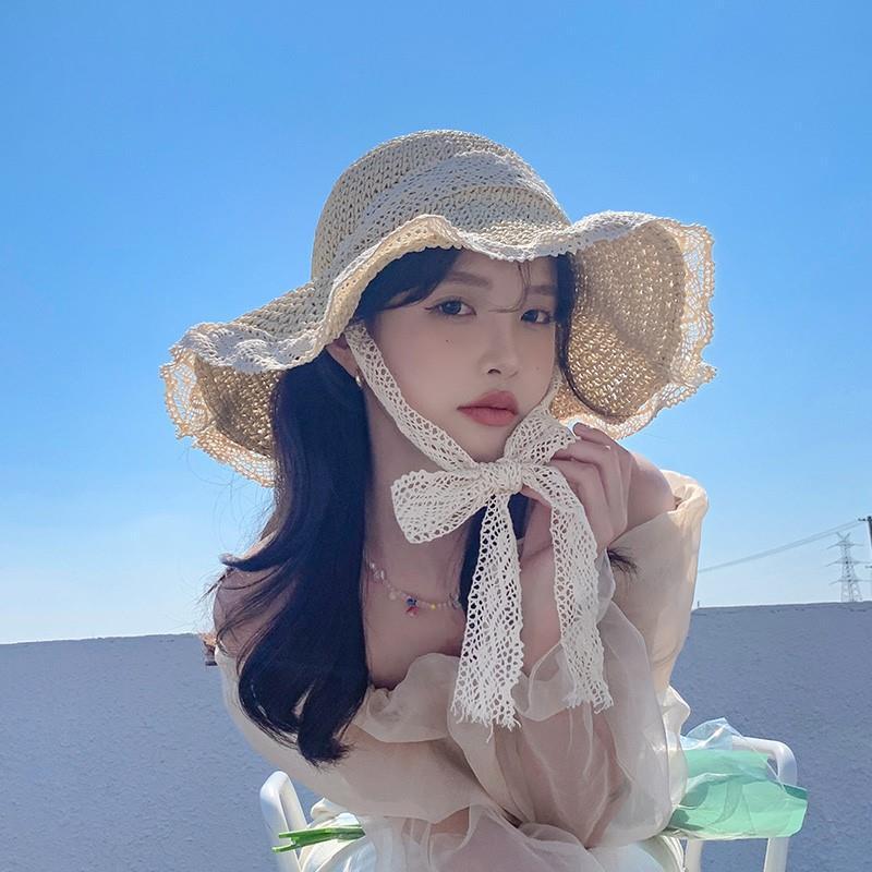 Straw hat women's big eaves sun hat small fresh lace lace all-match fisherman hat Korean summer vacation seaside hat