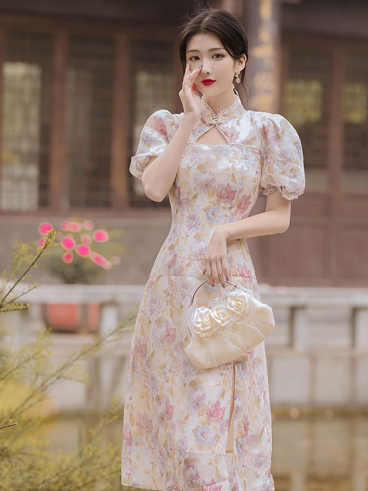 復古法式夏季泡泡袖新款溫柔風改良版旗袍氣質收腰碎花連衣裙女夏