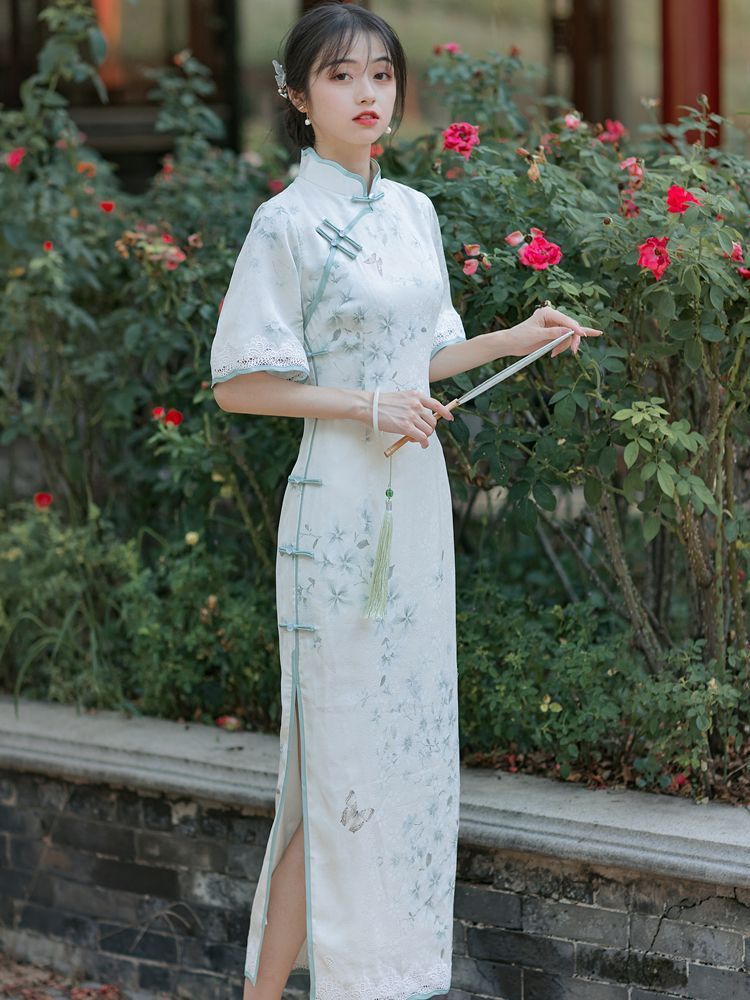 旗袍2023年新款改良女夏季小清新年輕款氣質高端素雅印花中式茶服