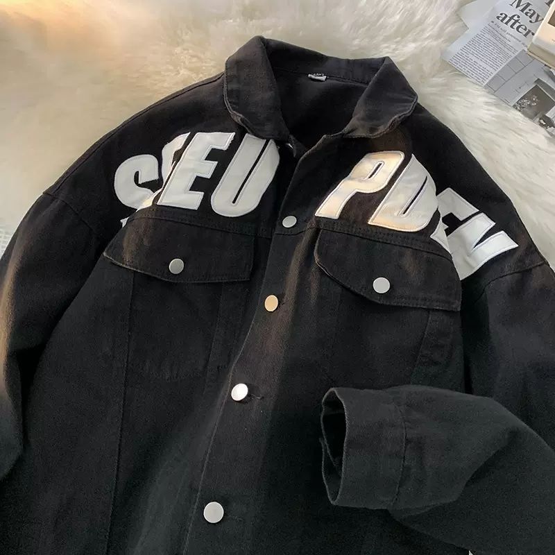 Bedruckter Denim für Herren im Frühling und Herbst, trendiges Instagram, hübsche, übergroße High-Street-Arbeitsjacke im amerikanischen Stil_voghion.com