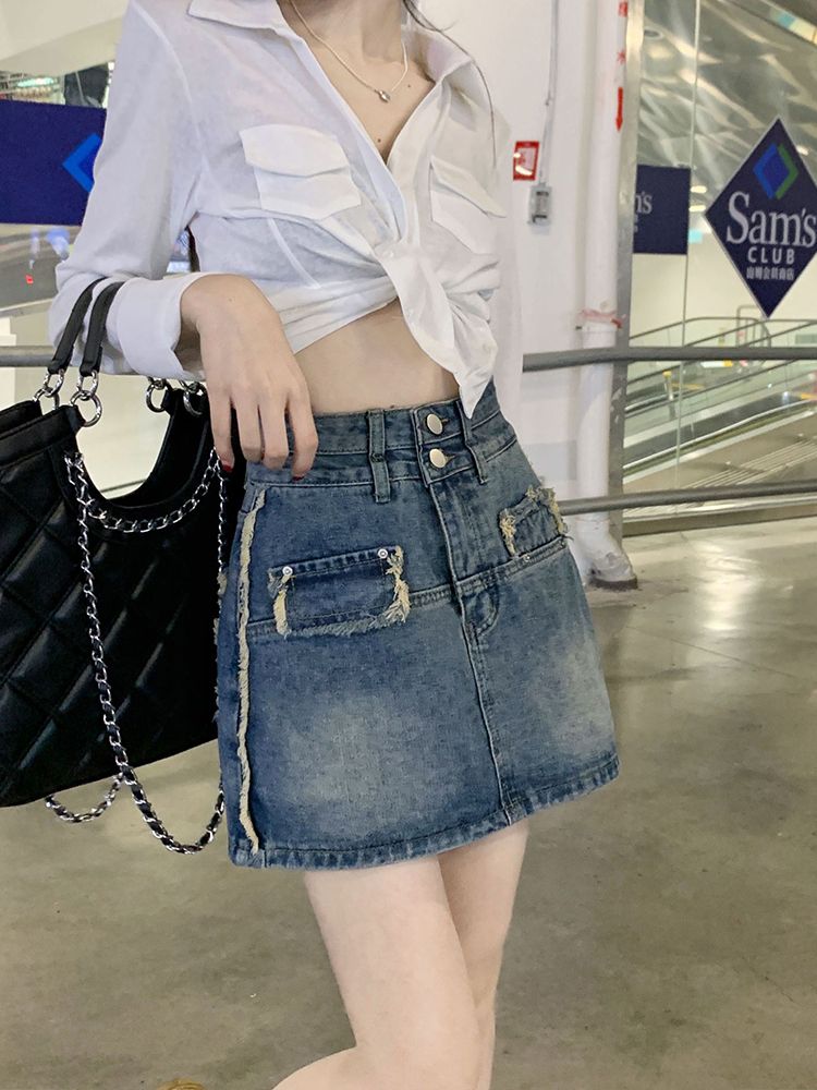 Large size fat mm design sense high waist raw edge denim skirt women 2023 spring and summer slim bag hip A-line skirt pants