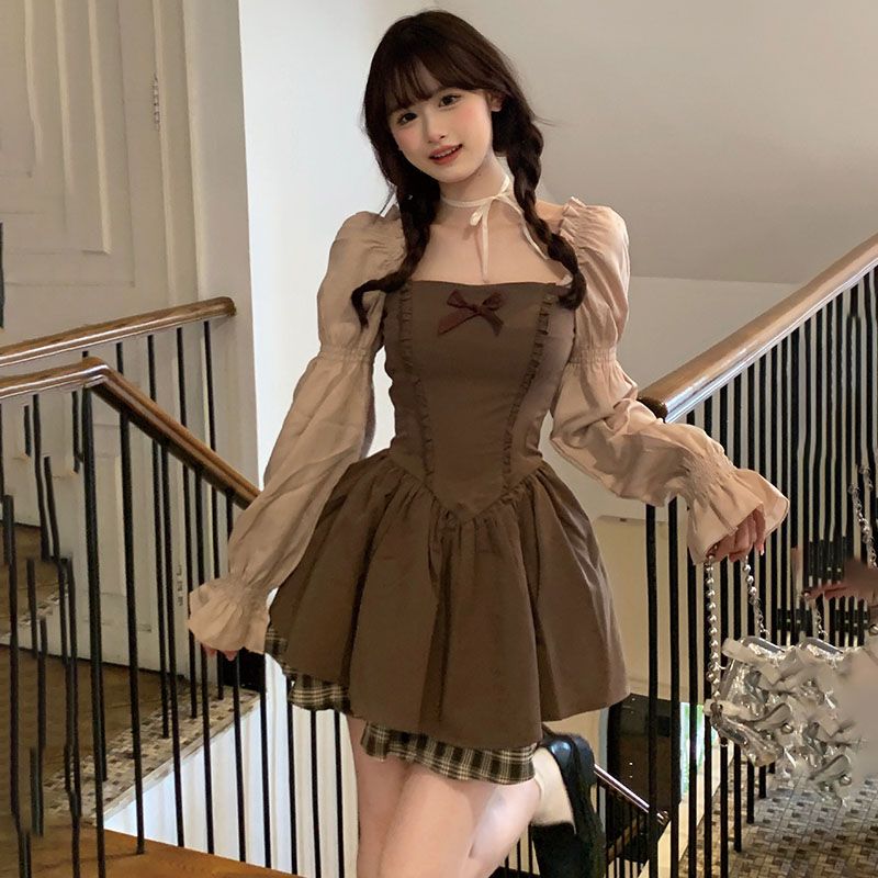 法式甜美氣質蝴蝶結泡泡袖連衣裙女韓版收腰顯瘦超仙蓬蓬公主裙子