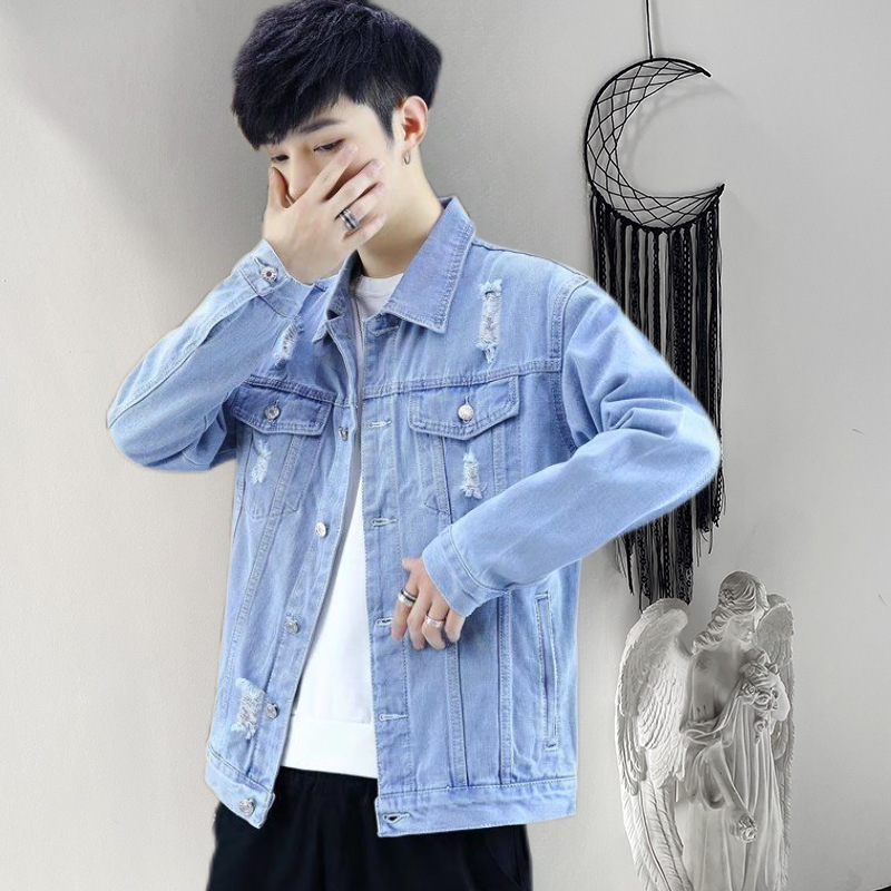 2022 ripped spring and autumn denim jacket men's light-colored new spring jacket Korean style trendy jacket student jacket