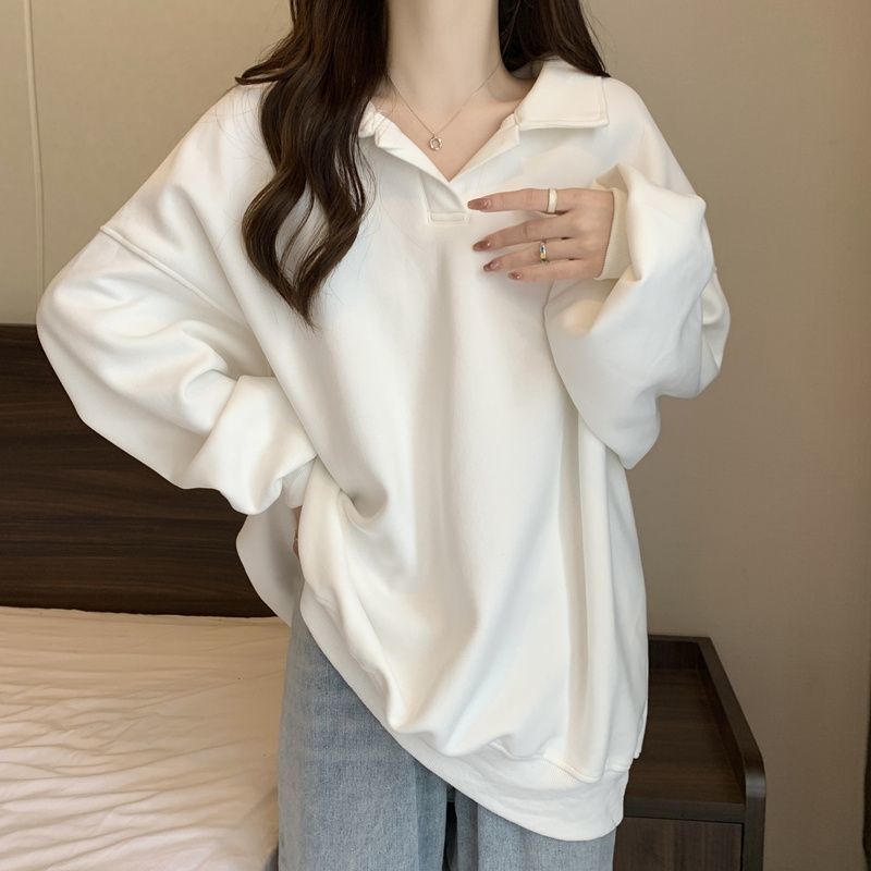 Large size polo collar sweater women's spring and autumn new loose and thin fat mm all-match solid color long-sleeved top 200 catties 300