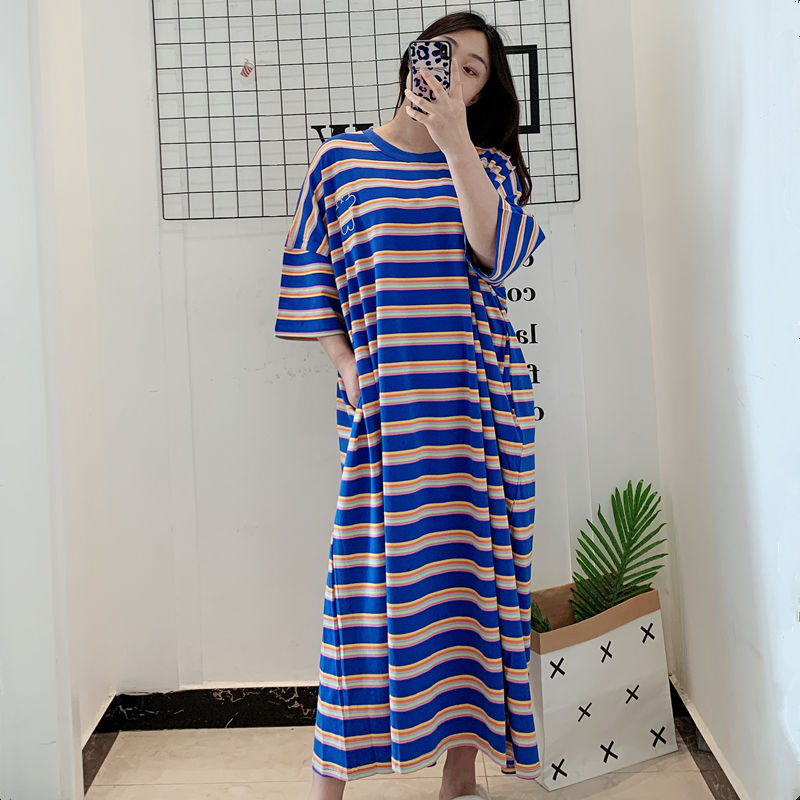 Cute bear striped nightdress women's summer short-sleeved loose large size fat mm over-the-knee long pajamas 200 catties 300