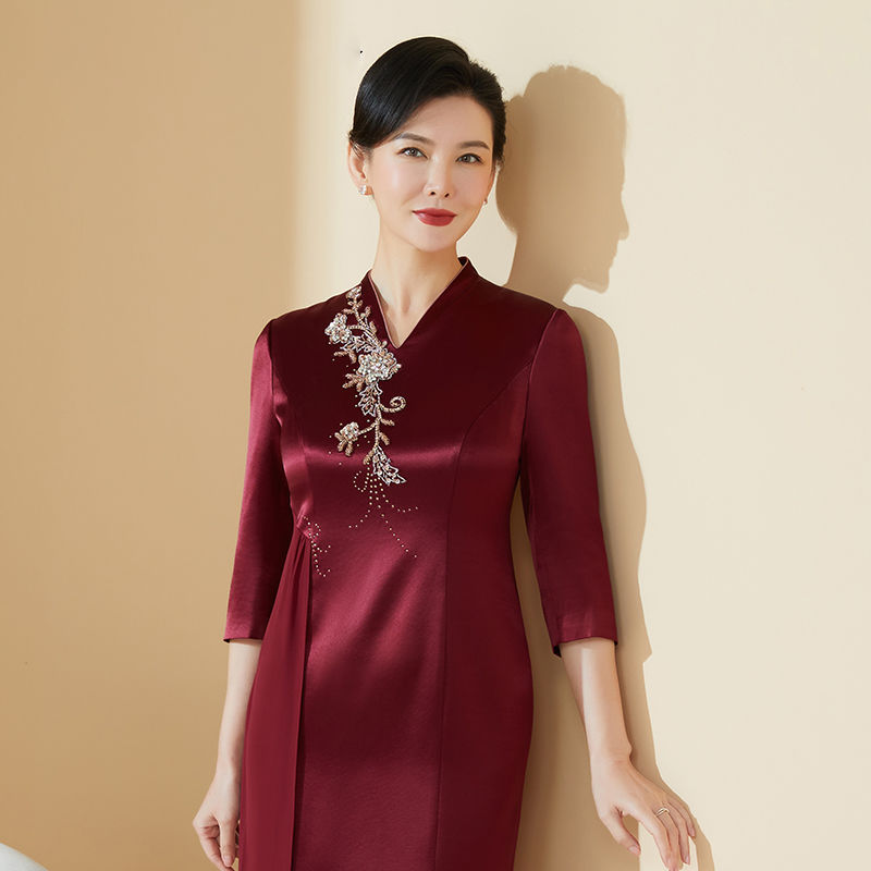 婚禮醋酸高貴喜婆婆婚宴裝珠繡時尚氣質丈母娘連衣裙2023春夏新款