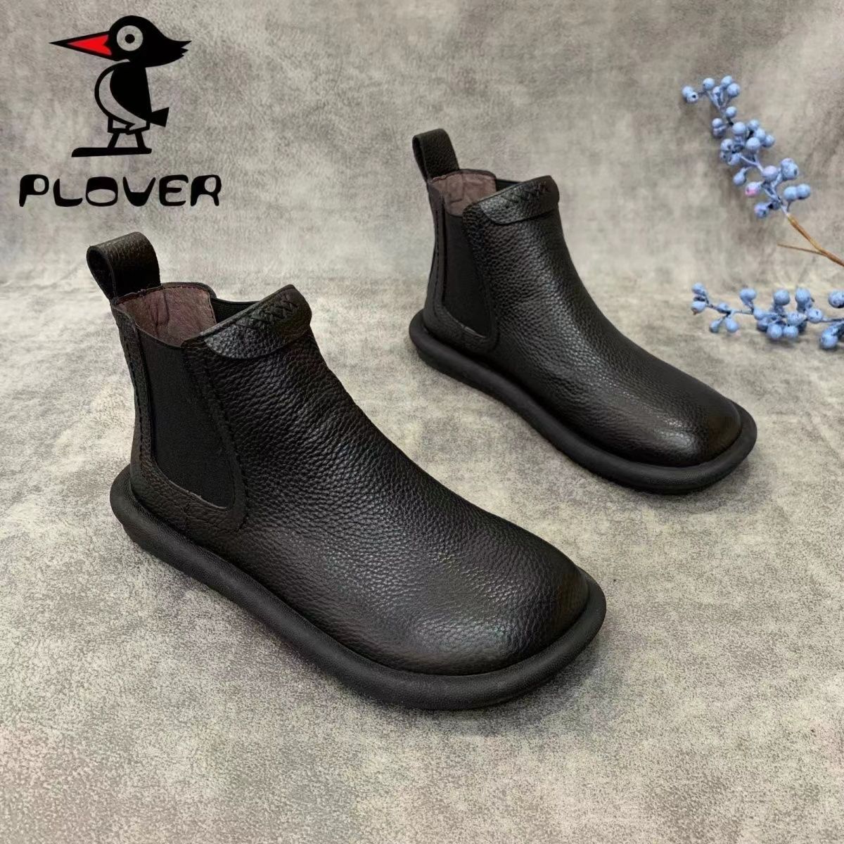 PLOVER啄木鳥真皮新款秋冬單靴百搭短靴圓頭厚底復古保暖軟底棉鞋