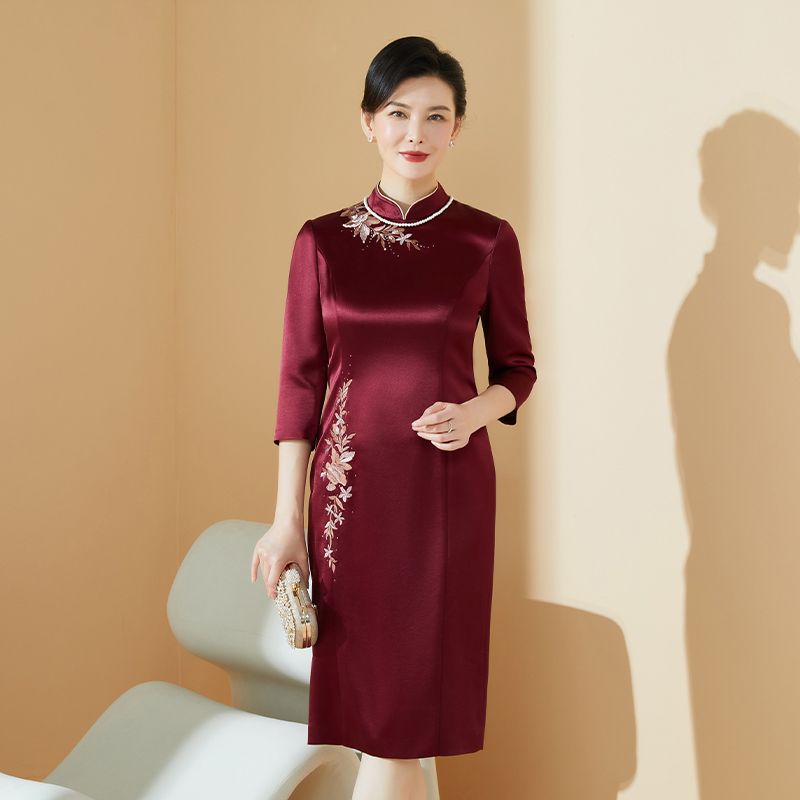 喜婆婆婚宴改良旗袍連衣裙高端復古醋酸緞面中年媽媽結婚敬酒禮服