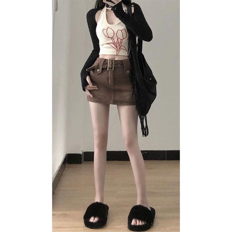 Fat mm American retro denim skirt female large size summer hot girl high waist ultra short anti-light a-line hakama ins