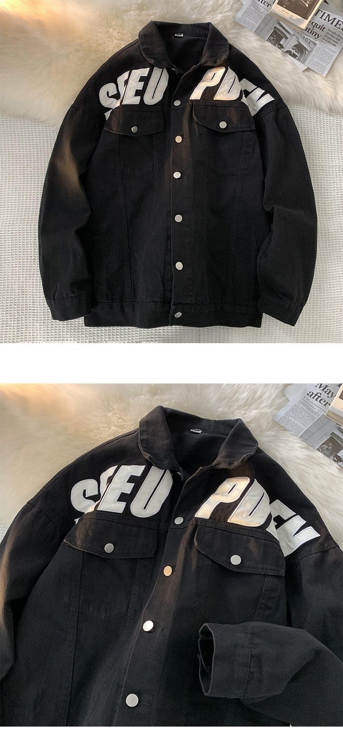 Bedruckter Denim für Herren im Frühling und Herbst, trendiges Instagram, hübsche, übergroße High-Street-Arbeitsjacke im amerikanischen Stil_voghion.com
