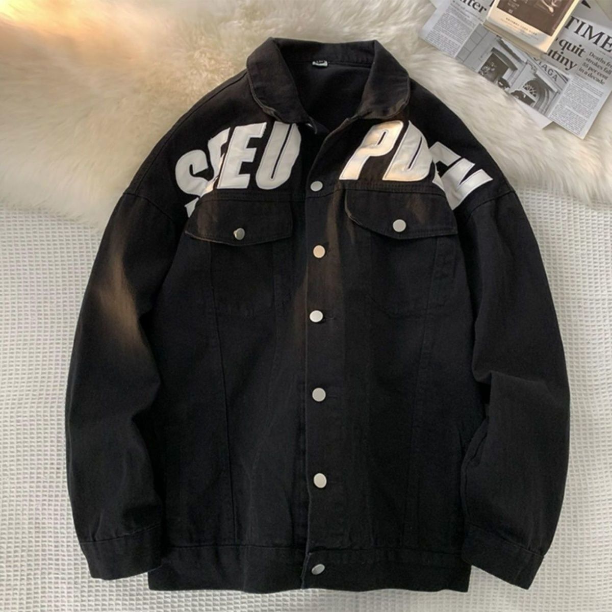 Bedruckter Denim für Herren im Frühling und Herbst, trendiges Instagram, hübsche, übergroße High-Street-Arbeitsjacke im amerikanischen Stil_voghion.com