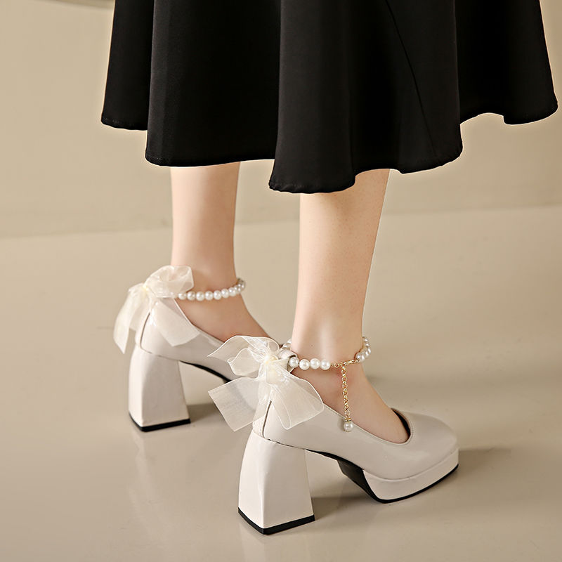玛丽珍单鞋女2023年春季新款防水台高跟鞋粗跟米色法式气质小皮鞋