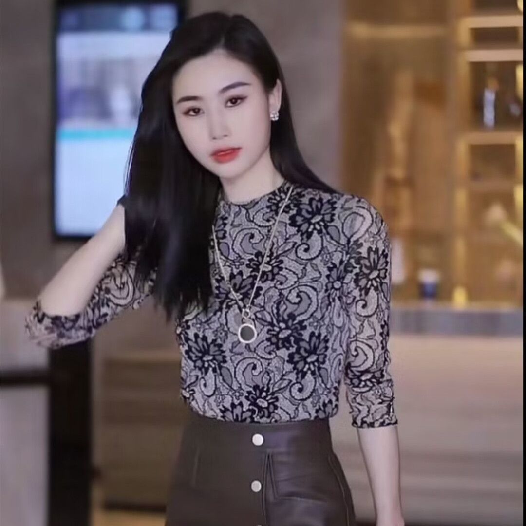 洋氣網紗打底衫長袖女2023春季新款時尚百搭縷空內搭網紗小衫上衣
