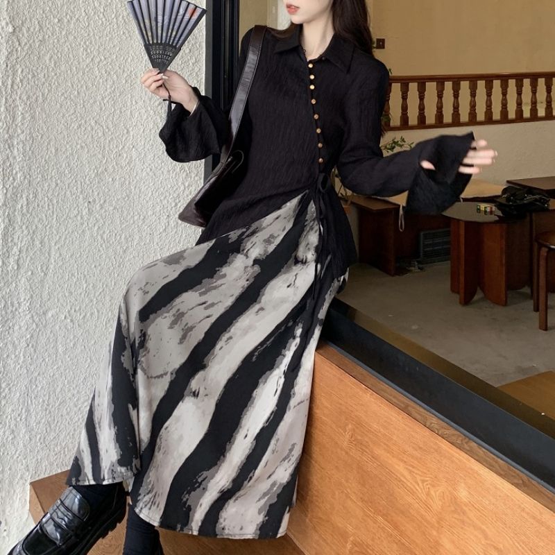 復古慵懶風半身裙女春季2023新款文藝氣質印花中長款高腰顯瘦裙子