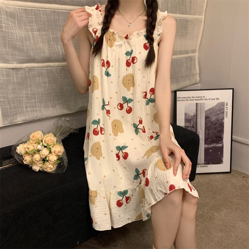 Plus fat plus size sling nightdress female summer baby cotton feeling thin section summer pajamas skirt 200 catties over the knee long skirt