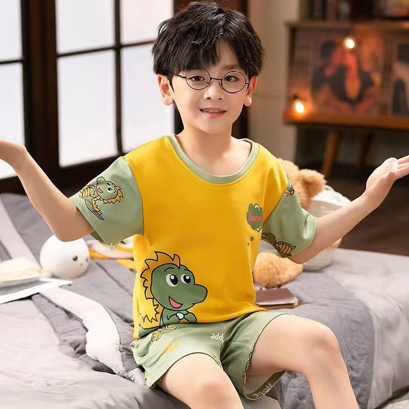 Children's pajamas boys summer suit short-sleeved cotton pullover small medium and big baby home clothes summer cotton net red