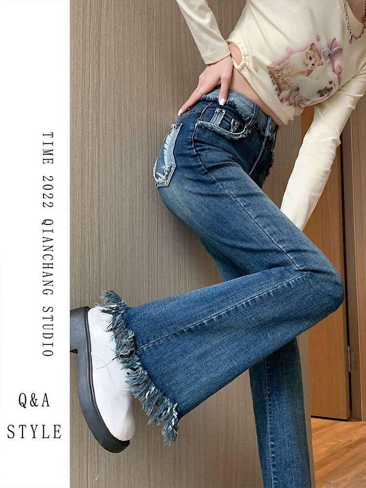 YSYOURS復古毛邊微喇牛仔褲女春秋高腰顯瘦大碼彈力流蘇喇叭褲子
