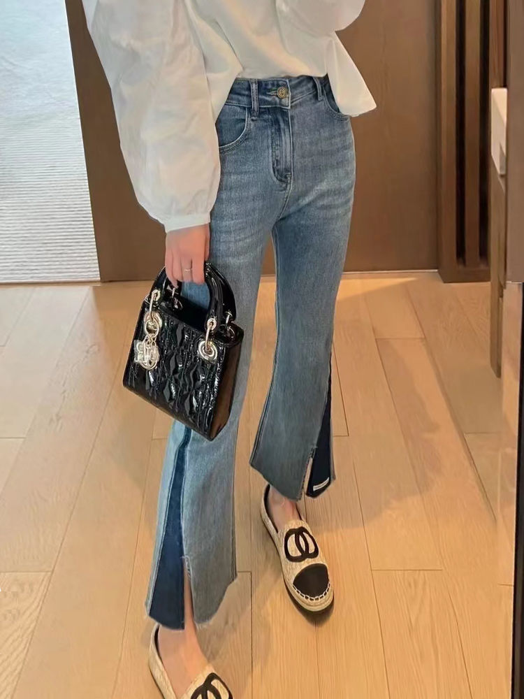 女裝2023新款大碼褲子女高腰開叉微喇牛仔褲女小個子顯瘦九分褲春