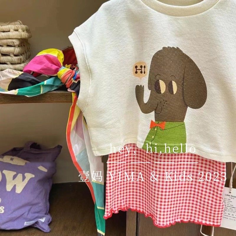 韩国童装2023夏季新款女童中小童洋气甜美卡通短袖格子吊带裙套装