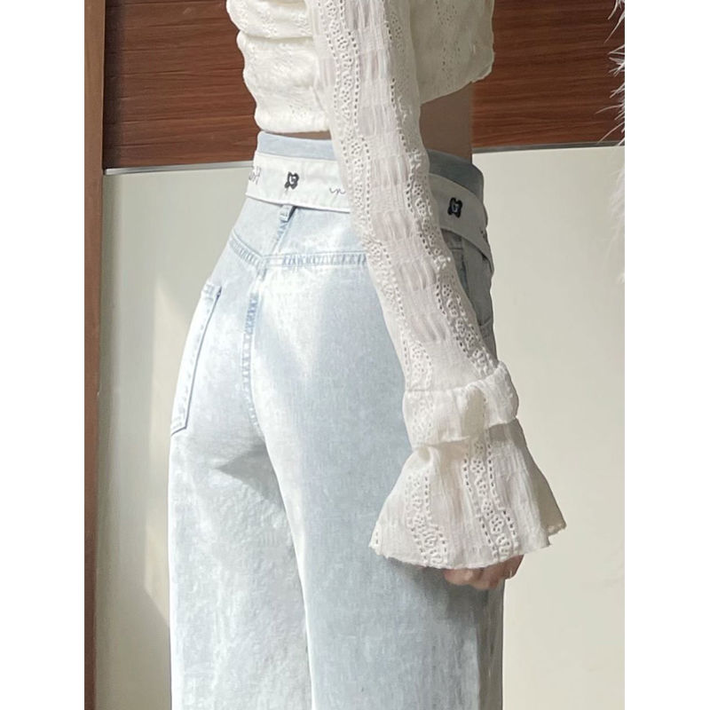 Light-colored flanging straight high-waisted jeans women's petite spring and summer new wash loose all-match wide-leg trousers trendy