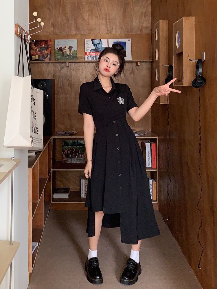 polo領連衣裙少女夏裝不規則大碼新款初中高中學生學院風休閒長裙