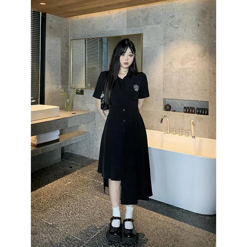 大碼學院風polo領連衣裙女夏季收腰a字裙胖MM設計感遮肚顯瘦裙子