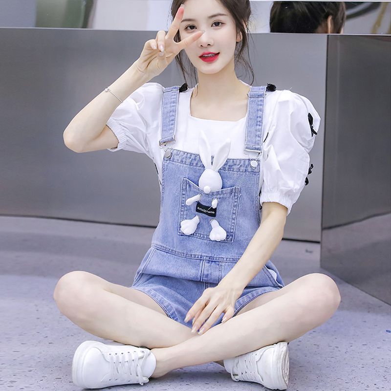 牛仔背帶褲女2023時尚小個子夏季網紅韓版減齡高腰學生短褲套裝潮