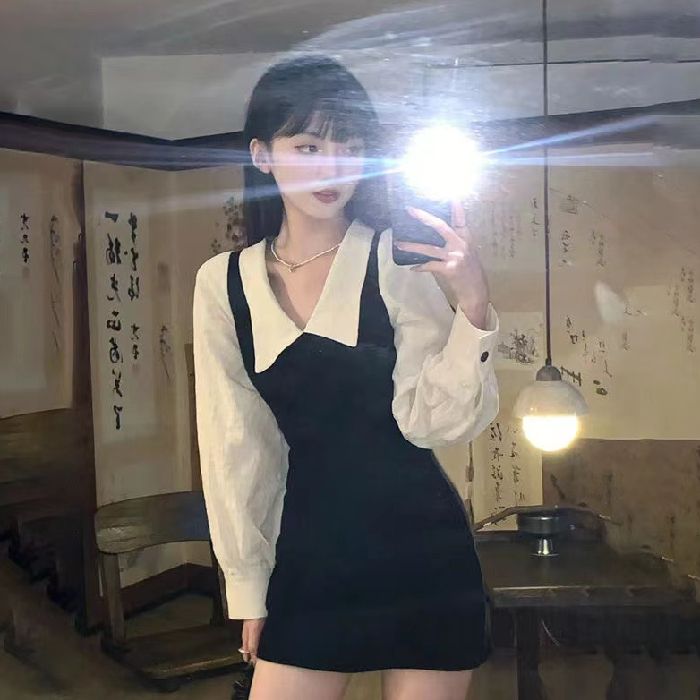 Early spring rich family daughter college style black knit bag hip short skirt fake two-piece shirt long-sleeved dress female