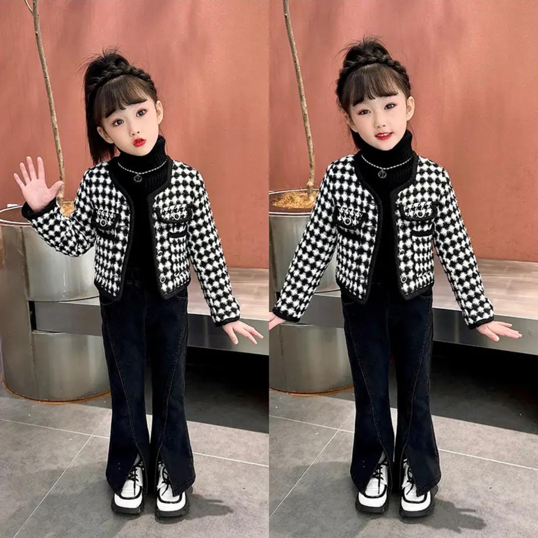 女童春裝小香風外套2023新款喇叭褲格子上衣套裝中大童春秋童裝潮