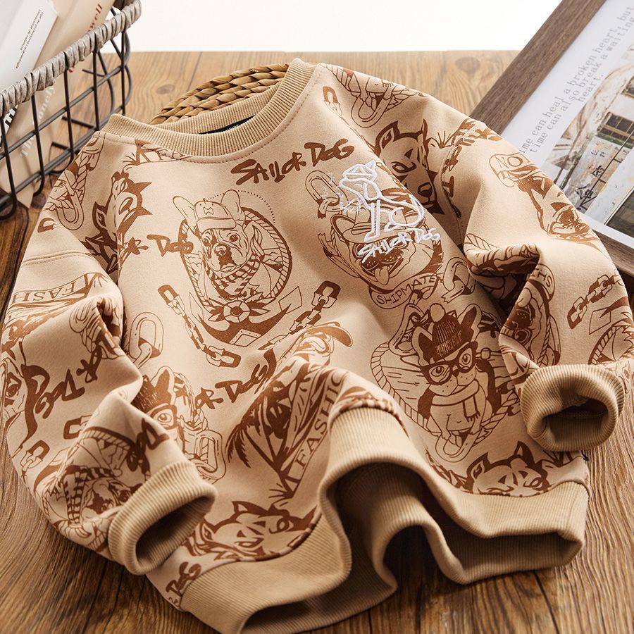 Boys Spring and Autumn Cartoon Full Print Sweater New Children's Embroidered Casual Tops Medium and Large Children's Clothes Handsome Bottoming Shirt Trendy