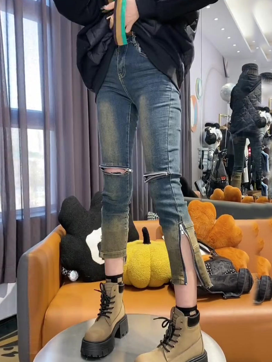 歐貨設計感小眾拉鏈破洞煙管褲彈力牛仔褲九分褲女2023春季新款