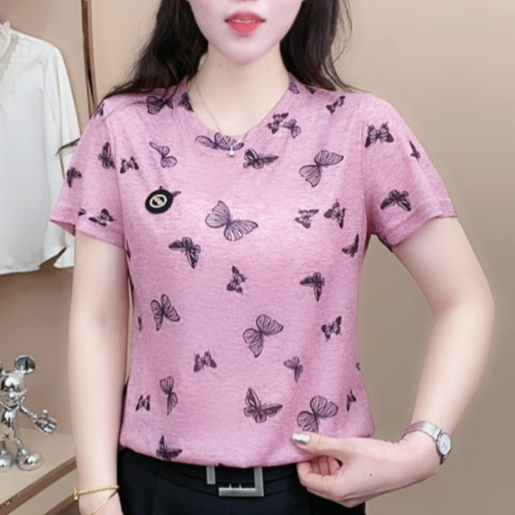 Printed short-sleeved top women's 2023 summer new fashion temperament loose belly cover thin inner wear T-shirt women